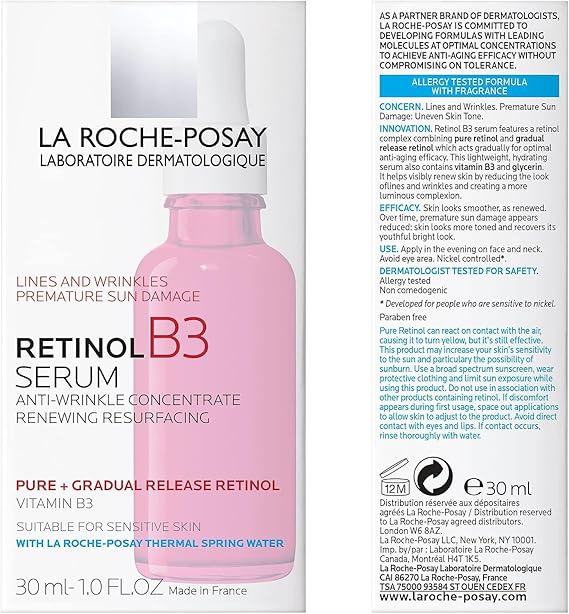 La Roche-Posay Roche Posay Pure Retinol Face Serum with Vitamin B3. Anti Aging Face Serum for Lines, Wrinkles & Premature Sun Damage to Resurface & Hydrate. Suitable for Sensitive Skin, 1.0 Fl. Oz