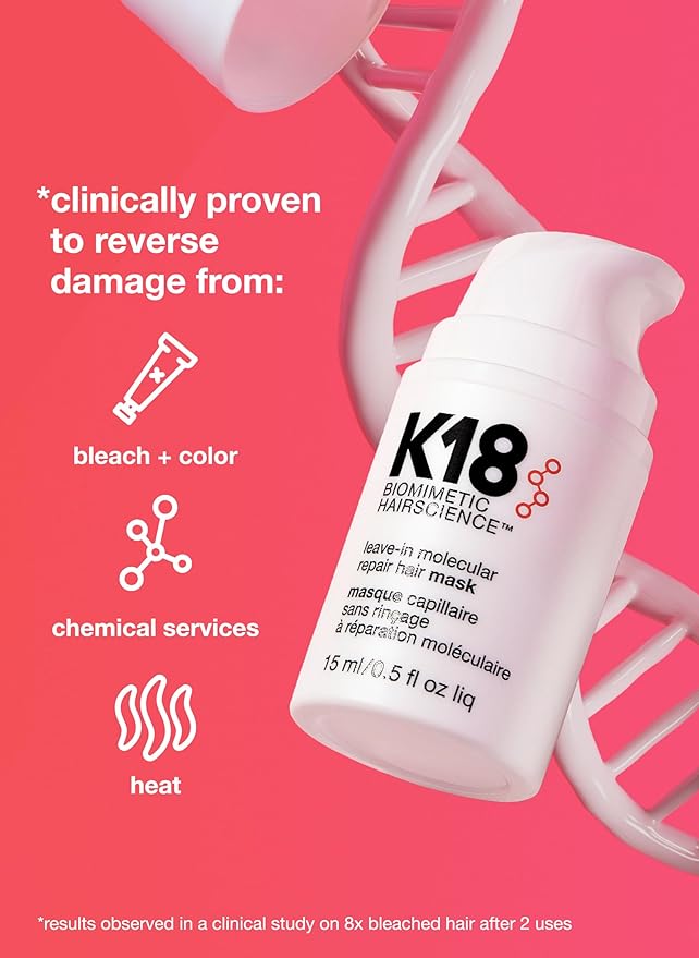 K18 Leave-In Molecular Repair Hair Mask Treatment to Repair Damaged Hair - 4 Minutes to Reverse Damage from Bleach, Color, Chemical Services, 15 ml