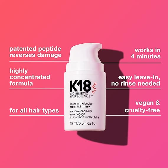 K18 Leave-In Molecular Repair Hair Mask Treatment to Repair Damaged Hair - 4 Minutes to Reverse Damage from Bleach, Color, Chemical Services, 15 ml