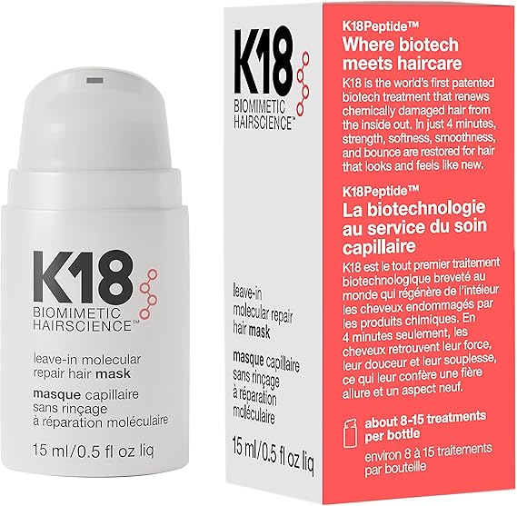 K18 Leave-In Molecular Repair Hair Mask Treatment to Repair Damaged Hair - 4 Minutes to Reverse Damage from Bleach, Color, Chemical Services, 15 ml